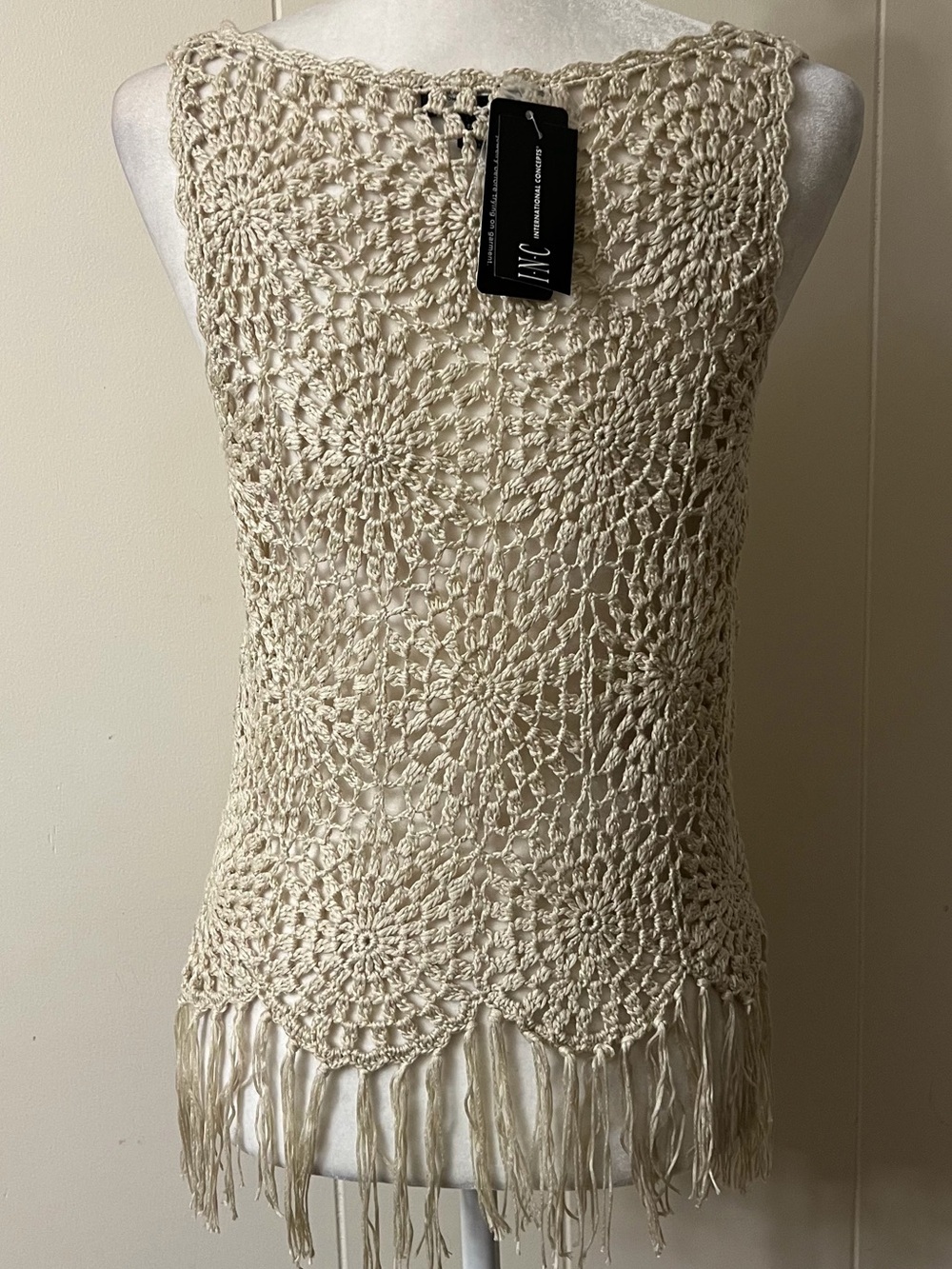 INC International Concepts Crochet Fringe Tank Top NWT Light Sand Medium - Picture 4 of 9